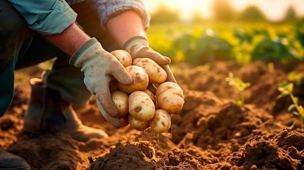 La récolte de pommes de terre entre les mains d'un agriculteur