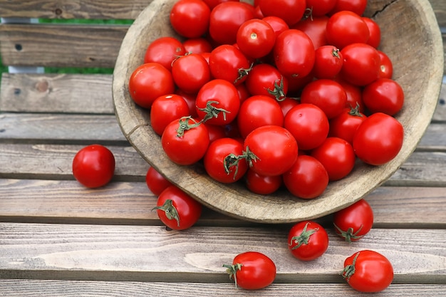 Récolte de tomates fraîches dans un bol en bois sur un fond