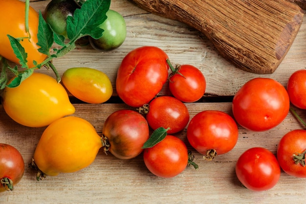 La récolte de tomates mélangées Différentes tomates colorées Les tomates sont différentes variétés Fond de tomates mélangées