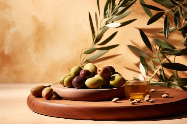 Récolter les trésors de la nature Un podium d'olives fraîches et de tranches de bois embrassant les tons de terre pour EcoFr