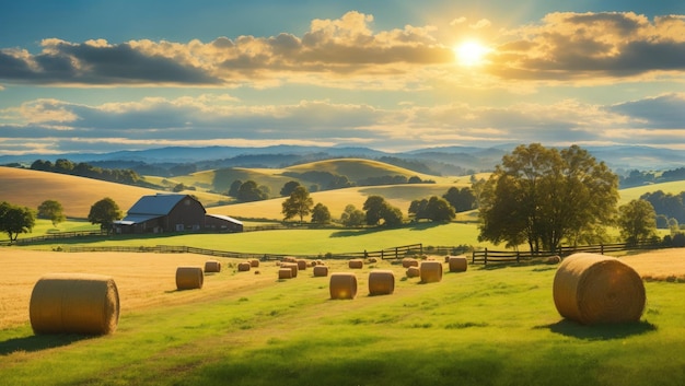 Récoltez des balles de foin éclairées par le soleil à la campagne