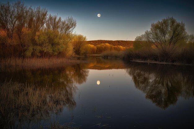 Récoltez les reflets de la lune sur la surface calme d'un lac créé avec une IA générative