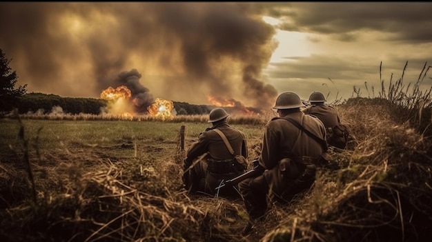 Une reconstitution historique de soldats pendant la Seconde Guerre mondiale explosion et feu étincelle arrière vue