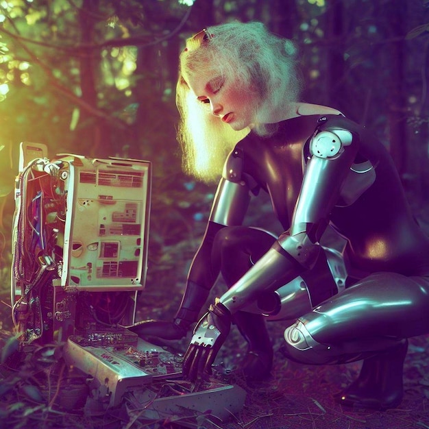 La récupération rétrofuturiste L'acte énigmatique d'une femme cyborg dans la forêt