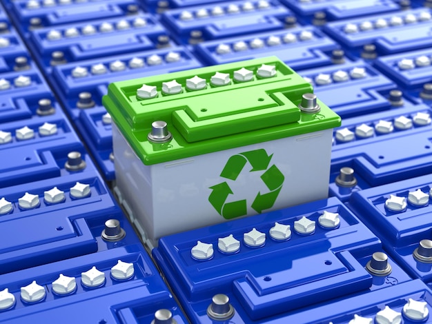 Recyclage de batterie de voiture. Énergie verte. Contexte des accumulateurs. 3d