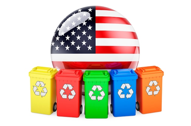 Recyclage des déchets aux États-Unis Poubelles de recyclage colorées avec le drapeau des États-Unis rendu 3D isolé sur fond blanc