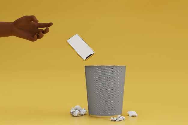 le recyclage des déchets. un homme afro-américain jette un smartphone à la poubelle.