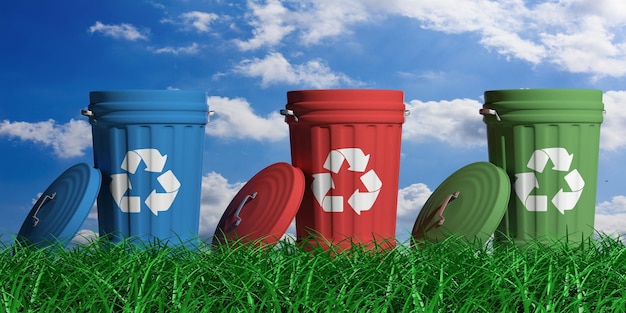 Recycler les poubelles sur fond bleu ciel et herbe illustration 3d