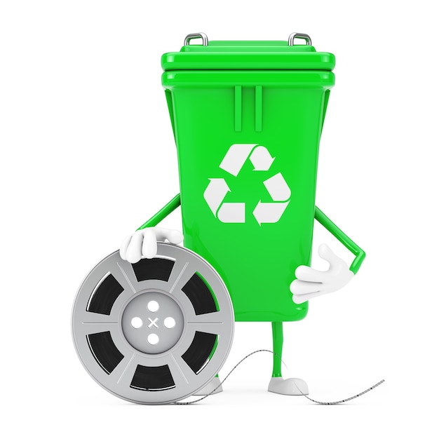 Recycler le signe vert poubelle poubelle personnage mascotte avec bande de cinéma bobine de film sur un fond blanc. Rendu 3D