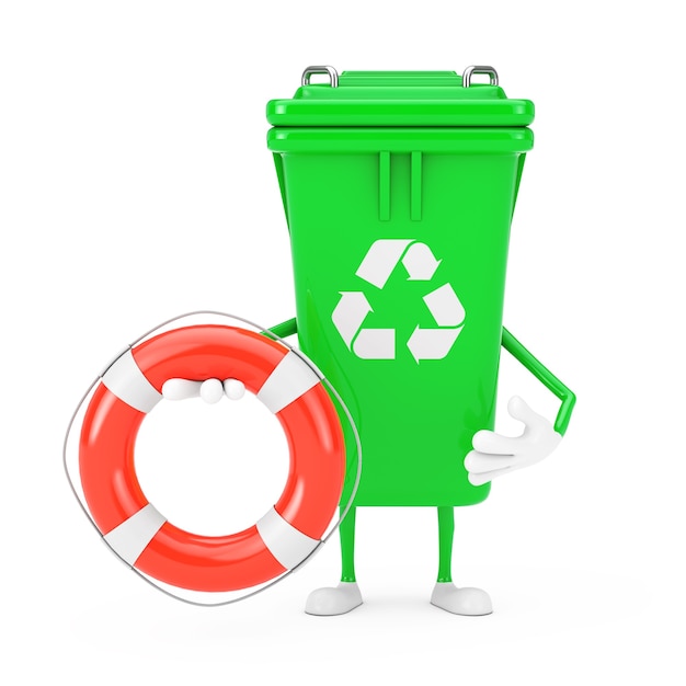 Recycler le signe vert Poubelle poubelle personnage mascotte avec bouée de sauvetage sur un fond blanc. Rendu 3D