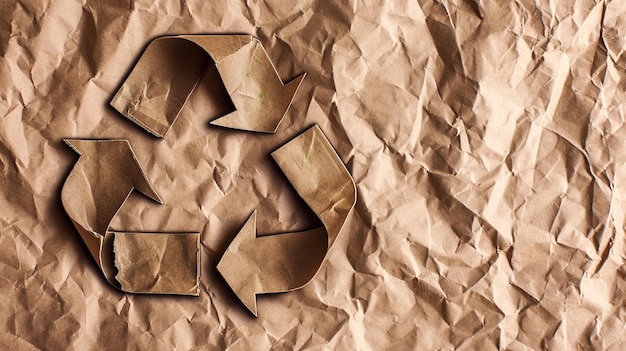 Photo recycler le symbole du papier froissé sur fond brun