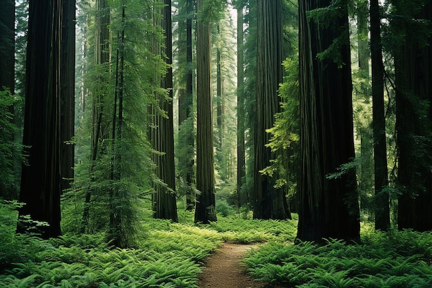 Des redwoods imposants atteignant le ciel dans une forêt dense