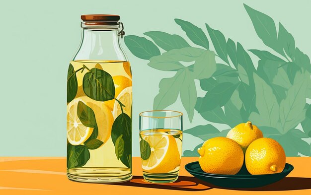 Réécrivez ce titre en illustration d'une bouteille en verre en plastique avec un citron AI générative