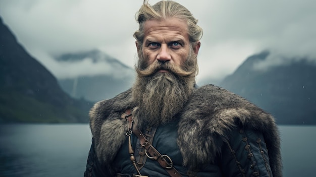 Reenactor Viking barbu près du fjord brumeux en tenue nordique