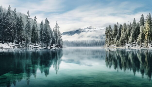 réflation des pins dans le lac Eibsee en hiver