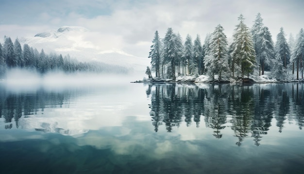 réflation des pins dans le lac Eibsee en hiver