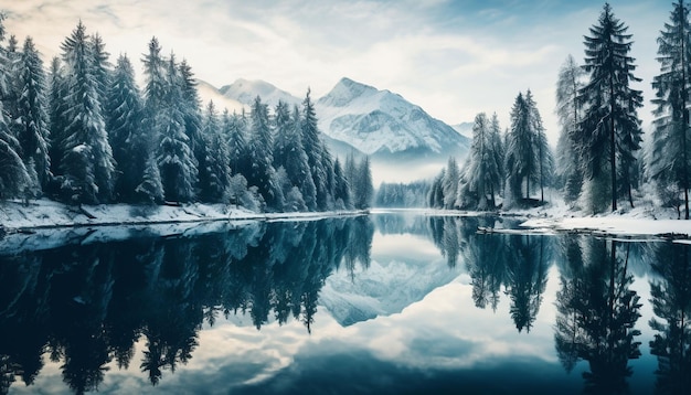 réflation des pins dans le lac Eibsee en hiver