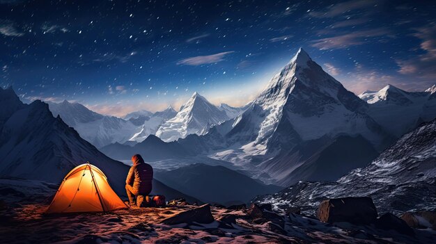 Photo le reflet d'un alpiniste en bivouac d'altitude avec une tente aux couleurs vives sous un ciel nocturne étoilé