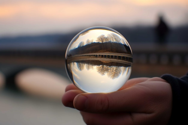 Reflet d'un arbre dans une boule de verre sur fond de pont