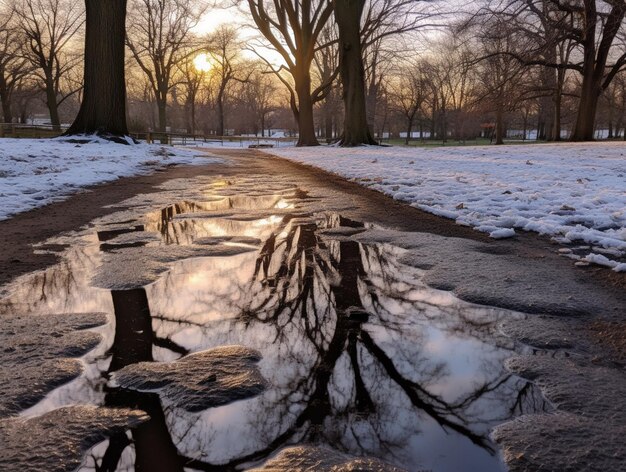 le reflet d'un arbre dans une flaque d'eau.