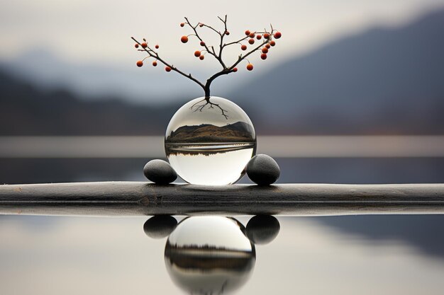 un reflet d'un arbre dans un vase en verre