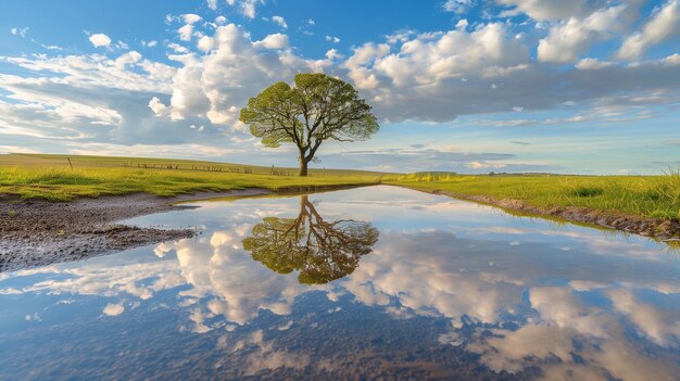 Le reflet de l'arbre vert et du ciel