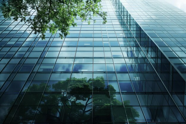 Le reflet d'un arbre vert sur la façade en verre d'un gratte-ciel