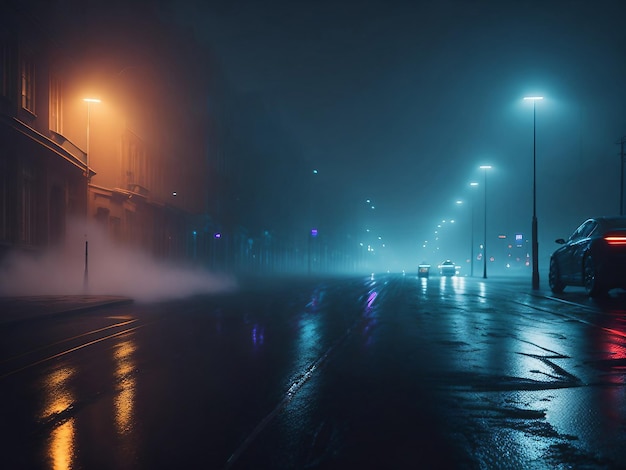 Reflet d'asphalte humide de néons, lumière de recherche de fumée et vue nocturne de la rue, ville de nuit