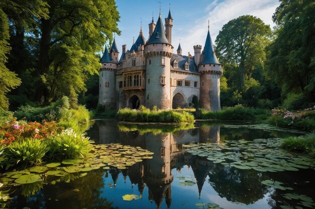 Le reflet d'un château de contes de fées sur un lac tranquille