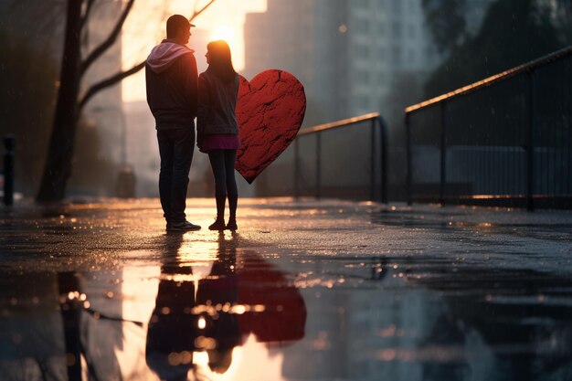 Reflet d'un couple sur un trottoir détrempé par la pluie avec 00077 00