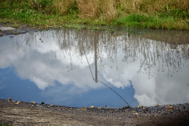 Reflet du ciel bleu dans une flaque de pluie