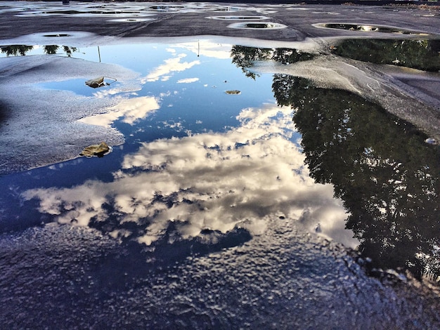 Photo le reflet du ciel sur la flaque d'eau