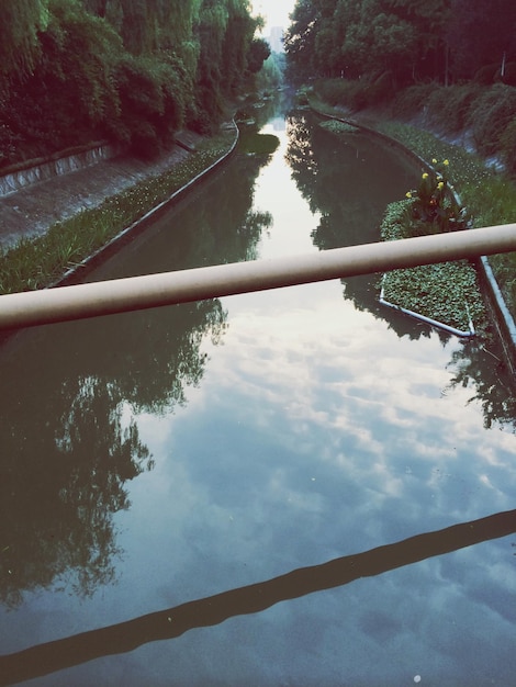 Photo le reflet du ciel nuageux dans le ruisseau au milieu des arbres