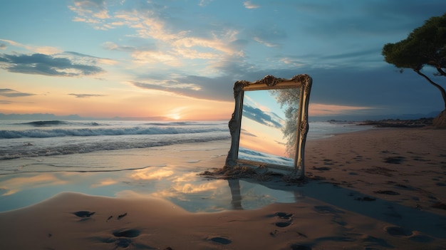 Le reflet du coucher de soleil dans un miroir sur une plage de sable