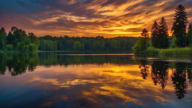 Le reflet du coucher de soleil sur un lac de forêt calme