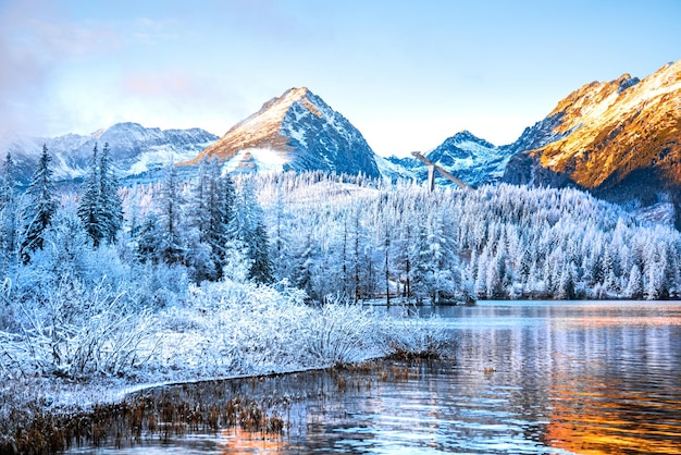 Reflet du lac de montagne dans les Hautes Tatras Slovaquie Strbske pleso en hiver
