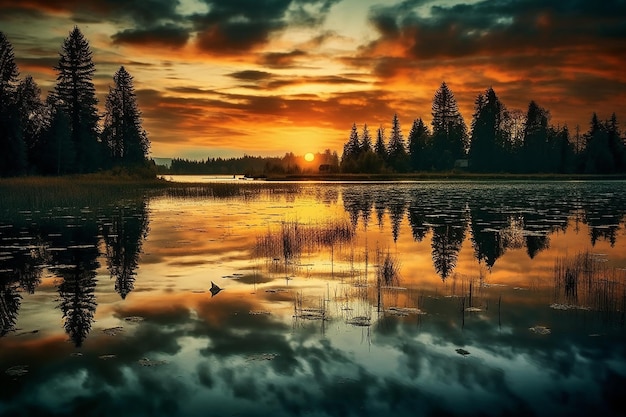 Photo reflet du lever du soleil sur le lac belle scène matinale