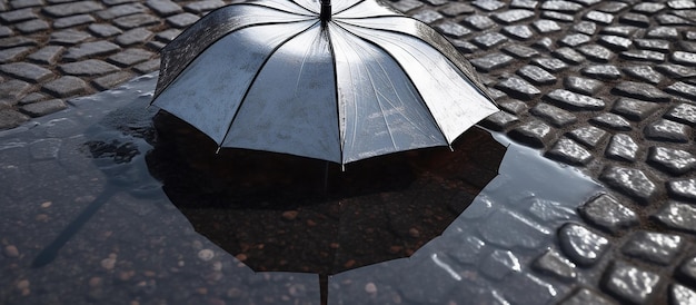 Photo reflet du parapluie dans une flaque d'eau sur l'asphalte mouillé