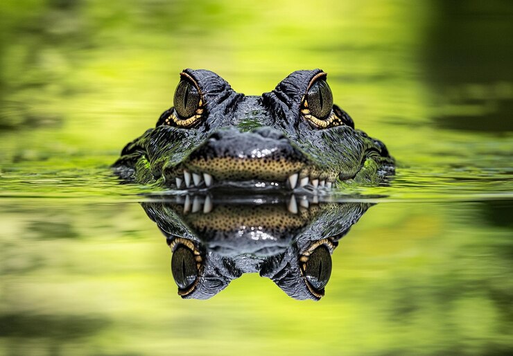 Photo un reflet du petit crocodile qui mange le poisson