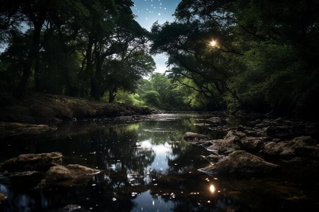 Le reflet des étoiles dans une rivière tranquille