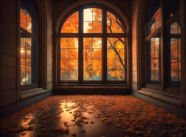 le reflet des feuilles d'automne dans une fenêtre en verre