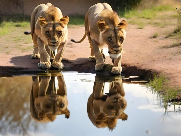 le reflet des lionnes buvant de l'eau d'un petit étang