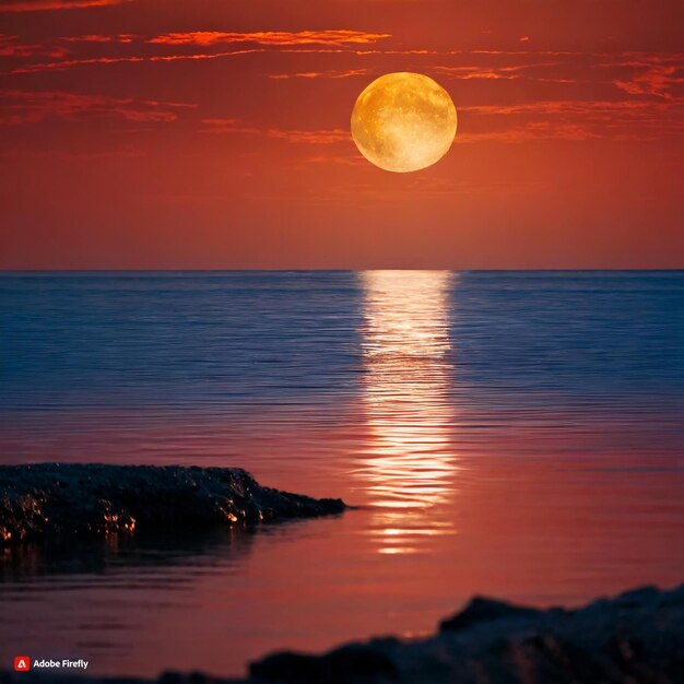 Le reflet de la lune sur le ciel rouge de l'océan