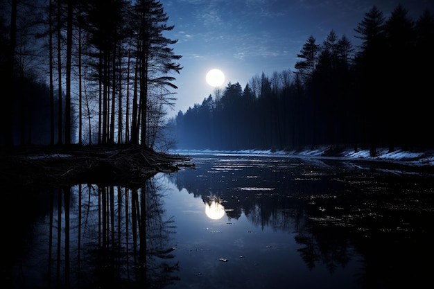 Le reflet de la lune sur une rivière tranquille