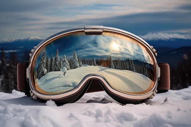 Photo le reflet d'un paysage enneigé dans les lunettes de ski