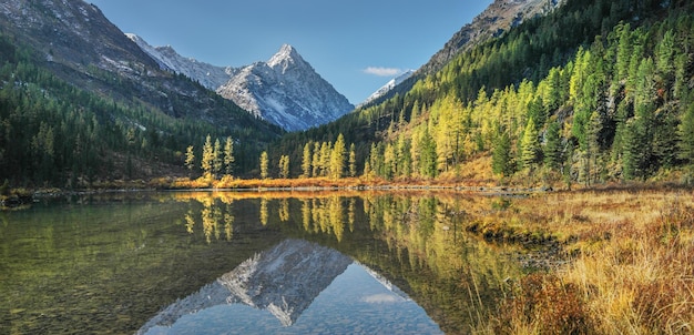 Reflet pittoresque des pics dans un lac de montagne matin d'automne