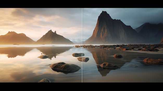 Reflet de la roche et de la mer dans une fenêtre en verre miroir au coucher du soleil, IA générative