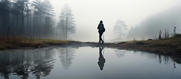 Un reflet de la silhouette d'une fille en randonnée sur une journée d'hiver pluvieuse et brumeuse dans les montagnes IA générative