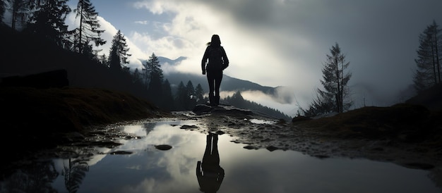 Un reflet de la silhouette d'une fille en randonnée sur une journée d'hiver pluvieuse et brumeuse dans les montagnes IA générative