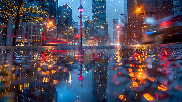 Le reflet d'une ville dans une flaque d'eau la nuit.